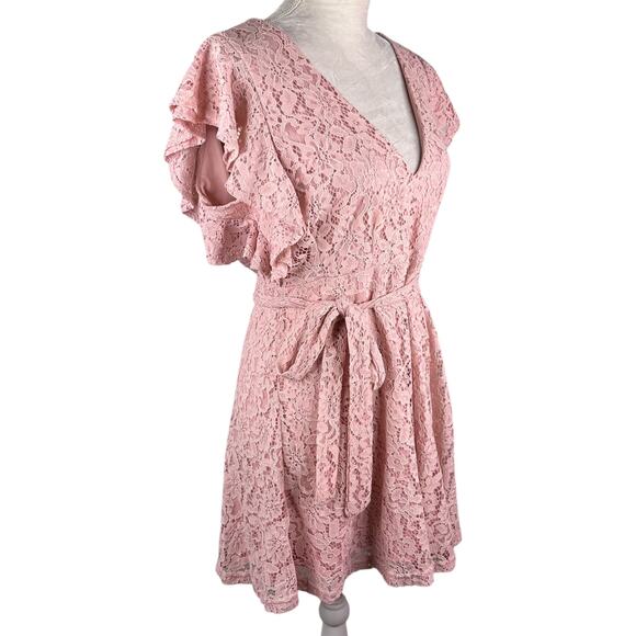 Boohoo Lace Ruffle Sleeve Skater Dress Blush 14 New - Picture 11 of 14
